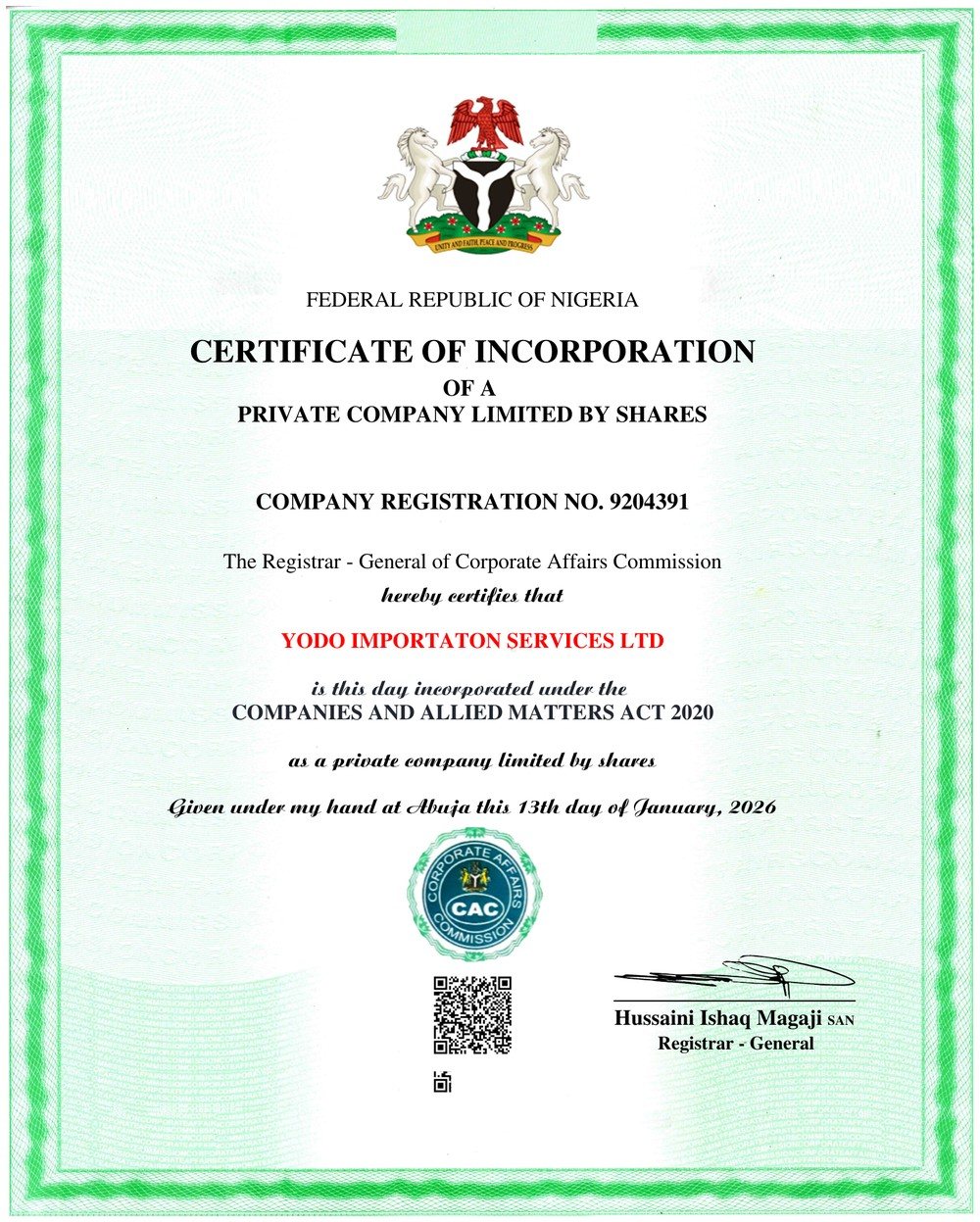 Yodo's Nigerian Certificate of Incorporation from the Corporate Affairs Commission, registration number 9204391