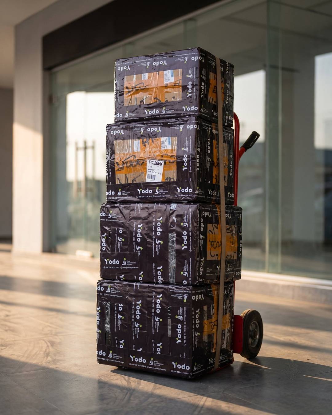 A stack of large Yodo-wrapped parcels on a hand truck at a business entrance