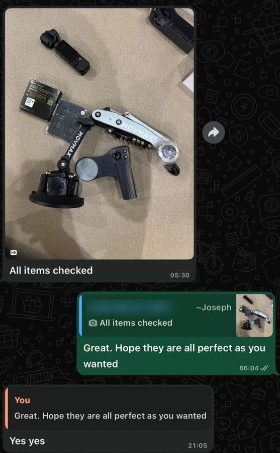 A customer confirming his camera-gear order in China: 'All items checked', answered with 'Yes yes'
