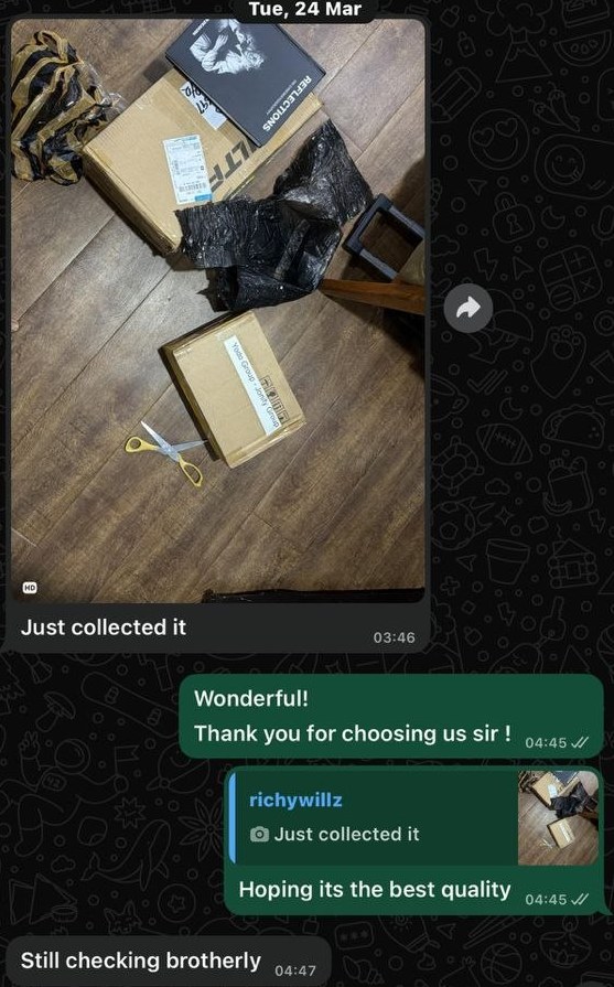 A customer's WhatsApp message after picking up his delivery: 'Just collected it', with the parcels photographed at his door