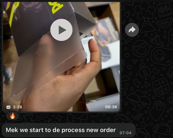 A returning customer starting his next order: 'Mek we start to de process new order'